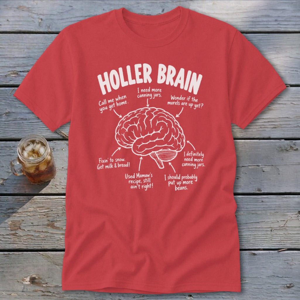 Red t-shirt with "Holler Brain" and humorous text diagram of a brain.