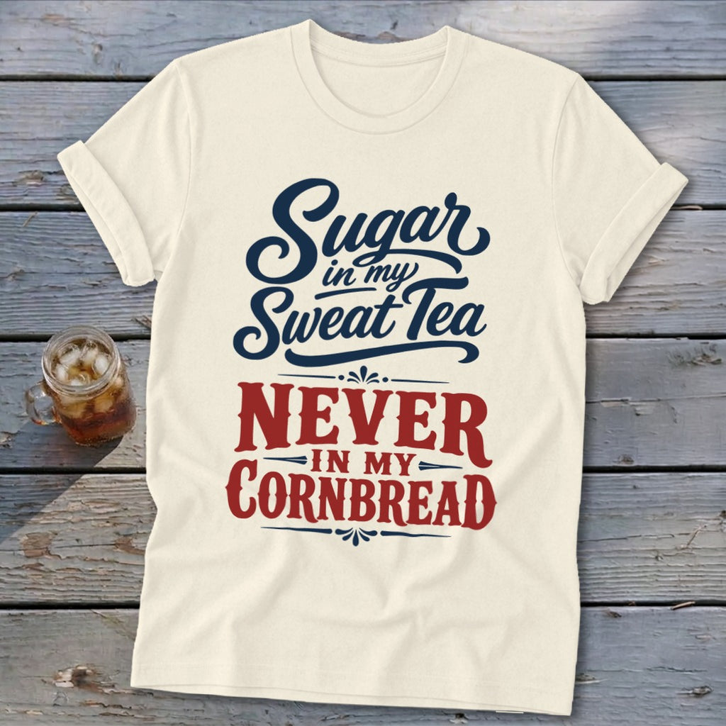 A cream-colored crewneck t-shirt with rolled sleeves features blue and red lettering reading Sugar in my Sweet Tea NEVER IN MY CORNBREAD laid against a rustic wooden background alongside a glass of iced tea.