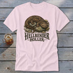 Pink t-shirt with a Hellbender salamander graphic and text "HELLBENDER HOLLER".