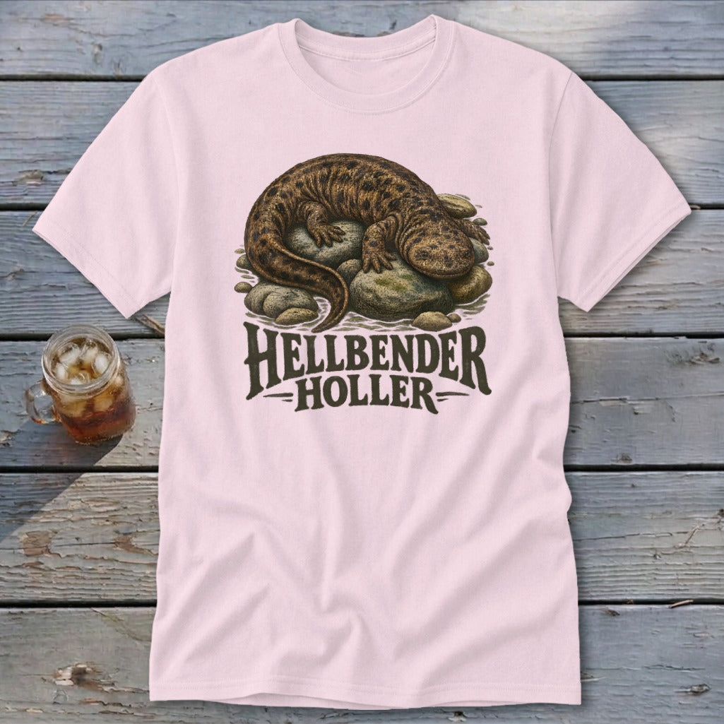 Pink t-shirt with a Hellbender salamander graphic and text "HELLBENDER HOLLER".