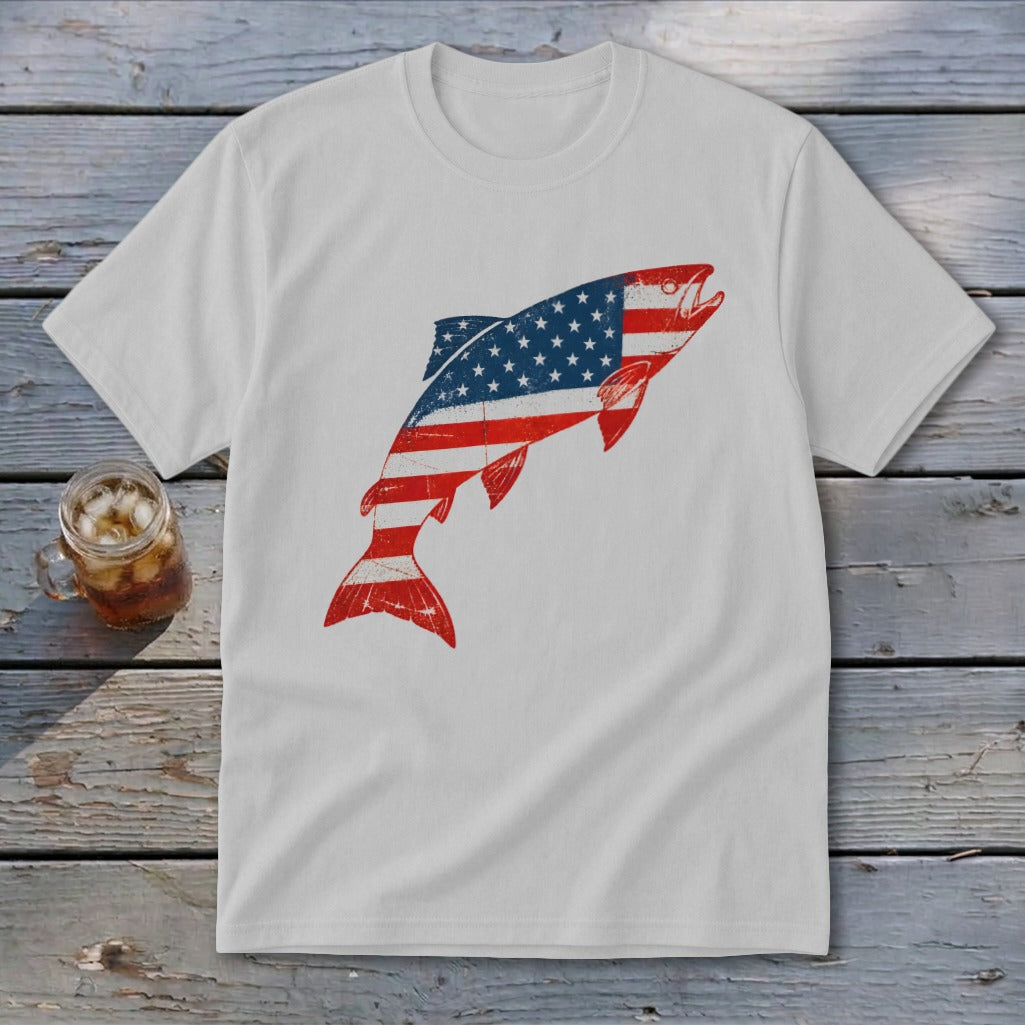 Light gray short-sleeve t-shirt with a distressed graphic of a leaping fish patterned like the American flag.