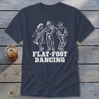 White outline of three dancers, one playing violin, and text "FLAT-FOOT DANCING".