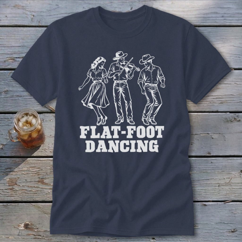 White outline of three dancers, one playing violin, and text "FLAT-FOOT DANCING".