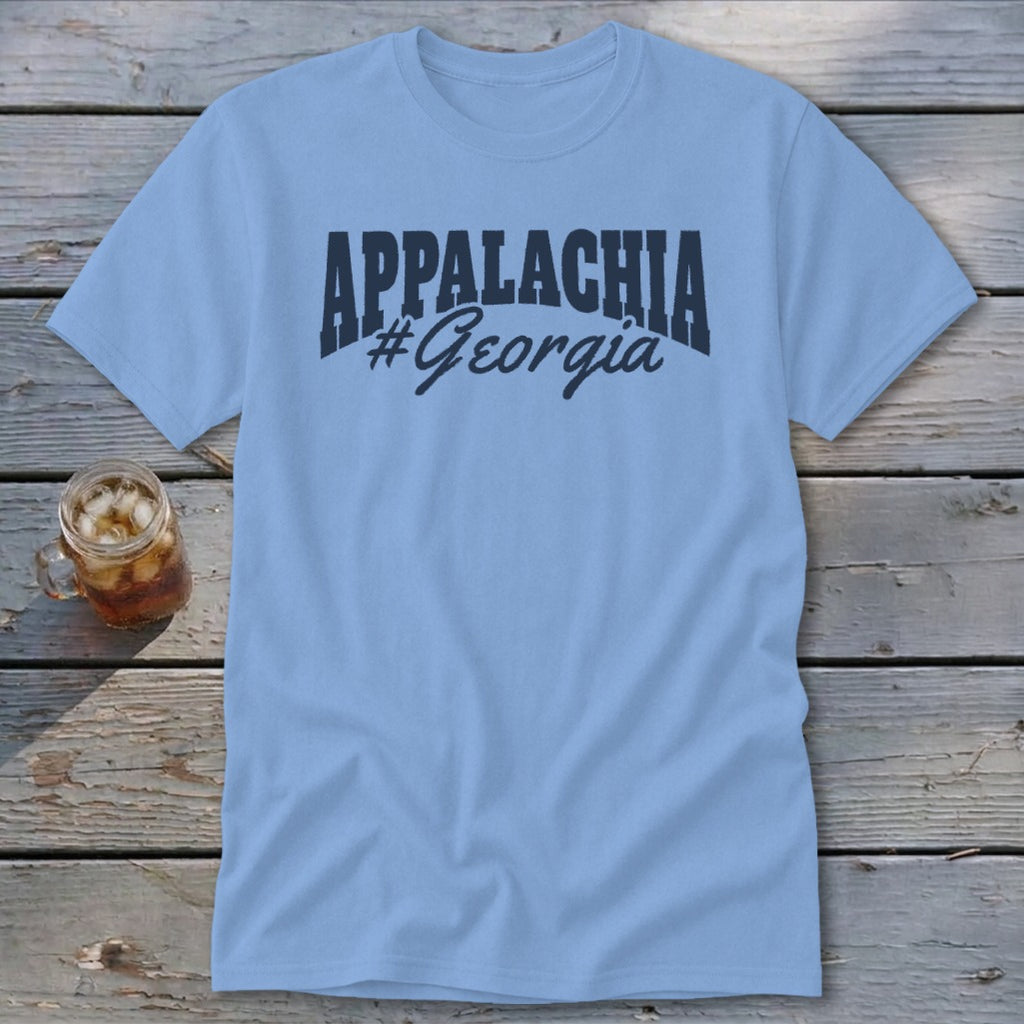 Light blue t-shirt with "APPALACHIA #Georgia" text printed in dark blue.