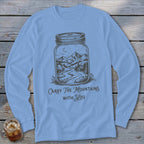 Light blue long-sleeve t-shirt with a graphic of a mountain landscape inside a mason jar and text reading Carry The Mountains With You.