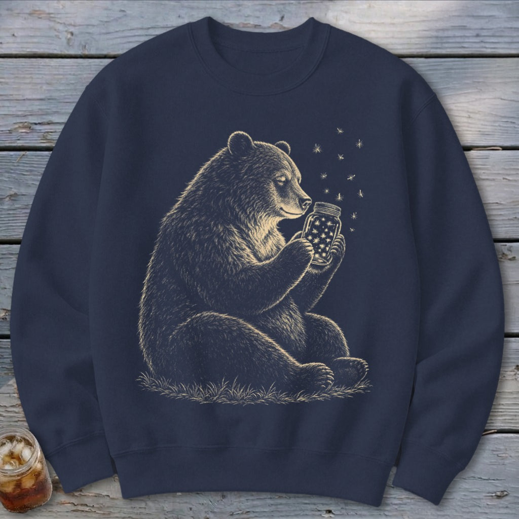 Bear holding a jar with stars, with fireflies flying around it.