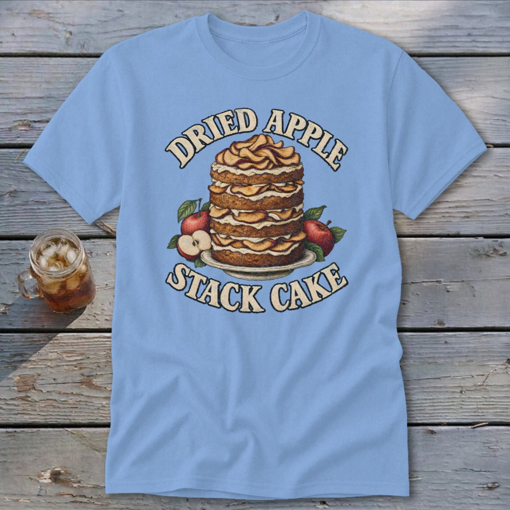 Light blue t-shirt with "Dried Apple Stack Cake" graphic and a stack of cake with apples.