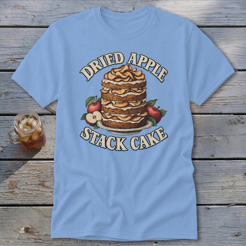 Light blue t-shirt with "Dried Apple Stack Cake" graphic and a stack of cake with apples.