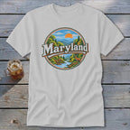 White t-shirt with circular Maryland landscape graphic featuring mountains, trees, river, and deer.
