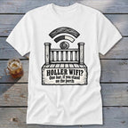 White crewneck t-shirt with a black graphic of a porch, wifi signal, and text reading Holler Wifi? One bar, if you stand on the porch.