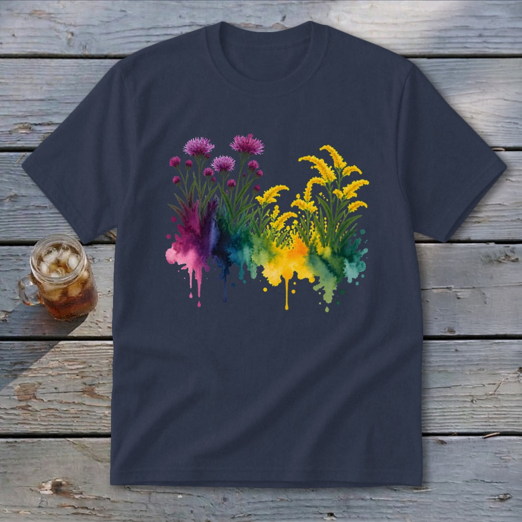 Navy t-shirt with colorful watercolor floral design across the chest.