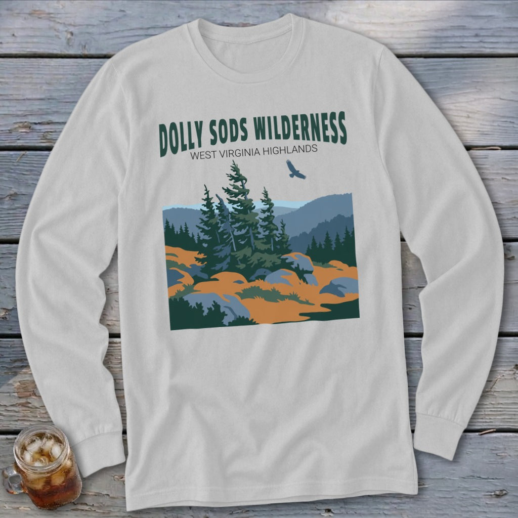Light gray long-sleeve t-shirt with a graphic of Dolly Sods Wilderness trees and mountains.