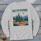 Light gray long-sleeve t-shirt with a graphic of Dolly Sods Wilderness trees and mountains.