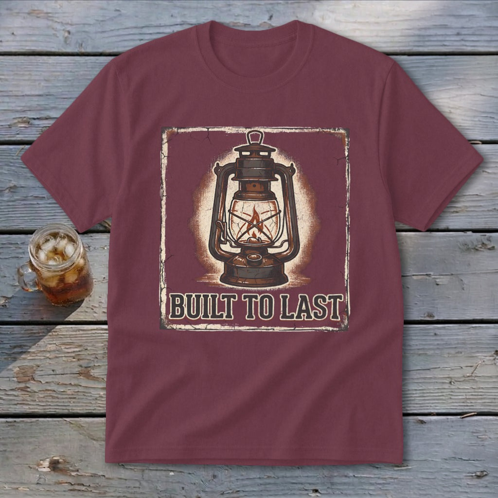 Maroon t-shirt with vintage lantern graphic and "BUILT TO LAST" text.