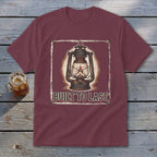 Maroon t-shirt with vintage lantern graphic and "BUILT TO LAST" text.