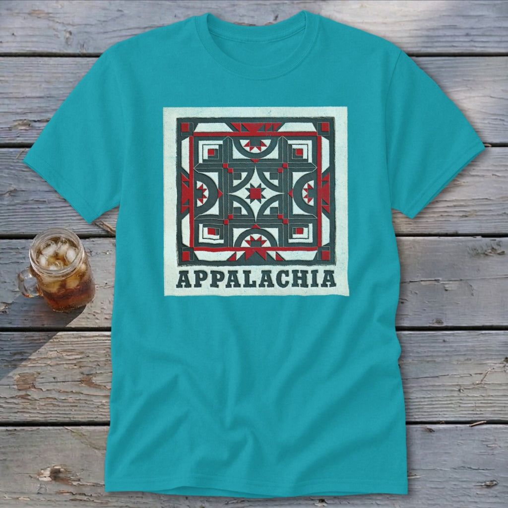 Teal short-sleeved t-shirt featuring a square geometric quilt block graphic with the word APPALACHIA below.