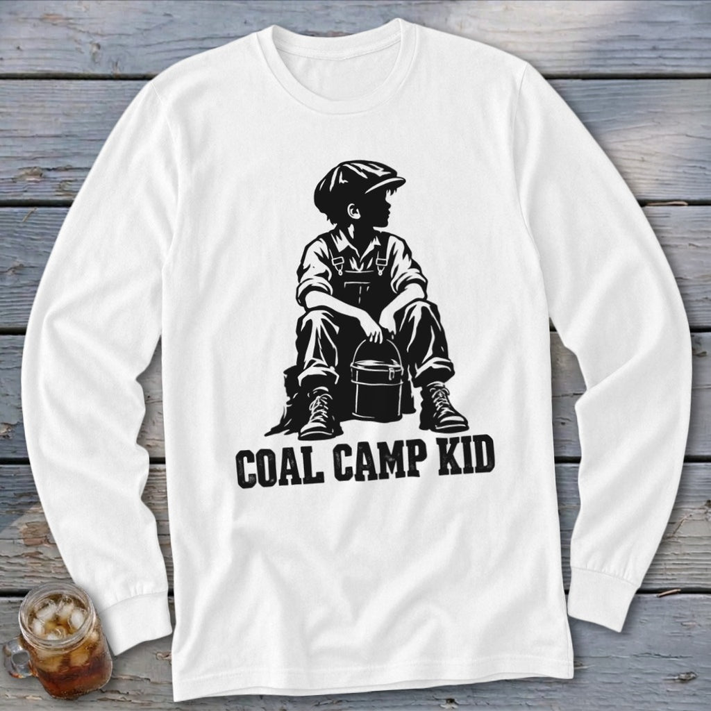 White long sleeve shirt with black graphic of a boy in overalls and cap holding a bucket, text "COAL CAMP KID".