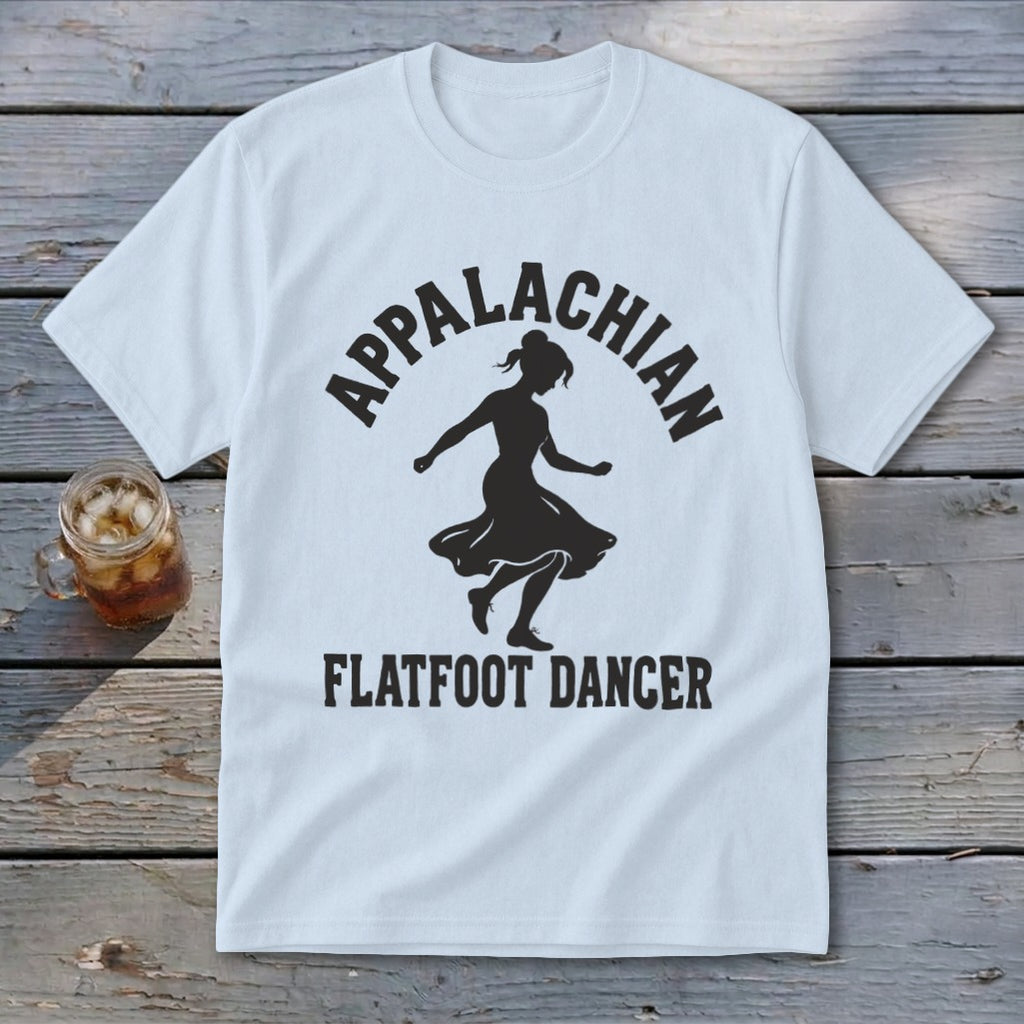 A light blue t-shirt with black text that reads Appalachian Flatfoot Dancer surrounding a dancing silhouette.