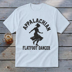 A light blue t-shirt with black text that reads Appalachian Flatfoot Dancer surrounding a dancing silhouette.