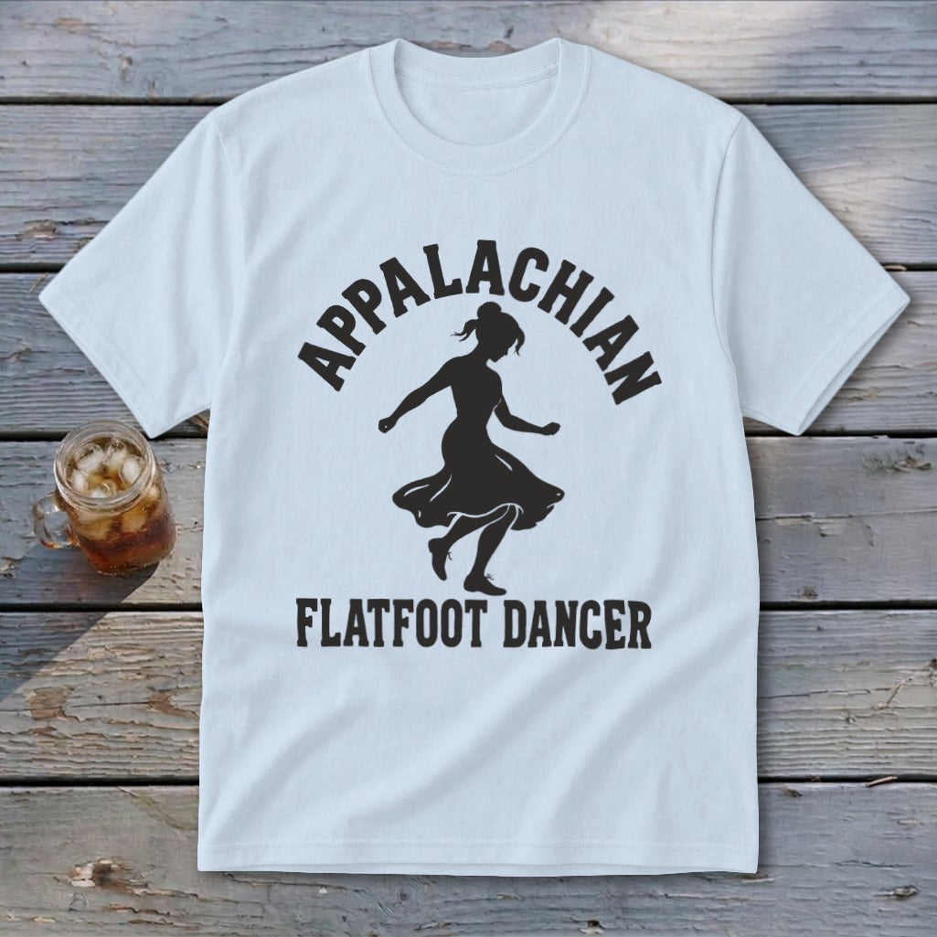 A light blue t-shirt with black text that reads Appalachian Flatfoot Dancer surrounding a dancing silhouette.