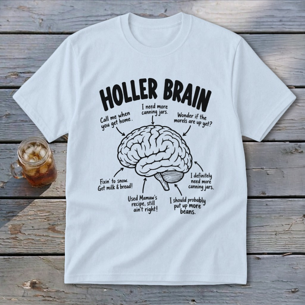 White t-shirt with "Holler Brain" text and a diagram of a brain with humorous labels.