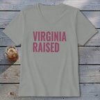 Grey v-neck t-shirt with pink "Virginia Raised" text and a glass of iced tea.