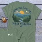 Green t-shirt with "almost heaven WEST VIRGINIA" and mountain landscape graphic.