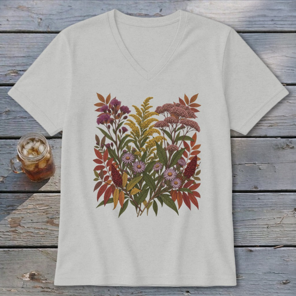White v-neck t-shirt featuring an autumn floral bouquet illustration.