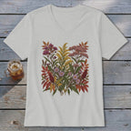White v-neck t-shirt featuring an autumn floral bouquet illustration.