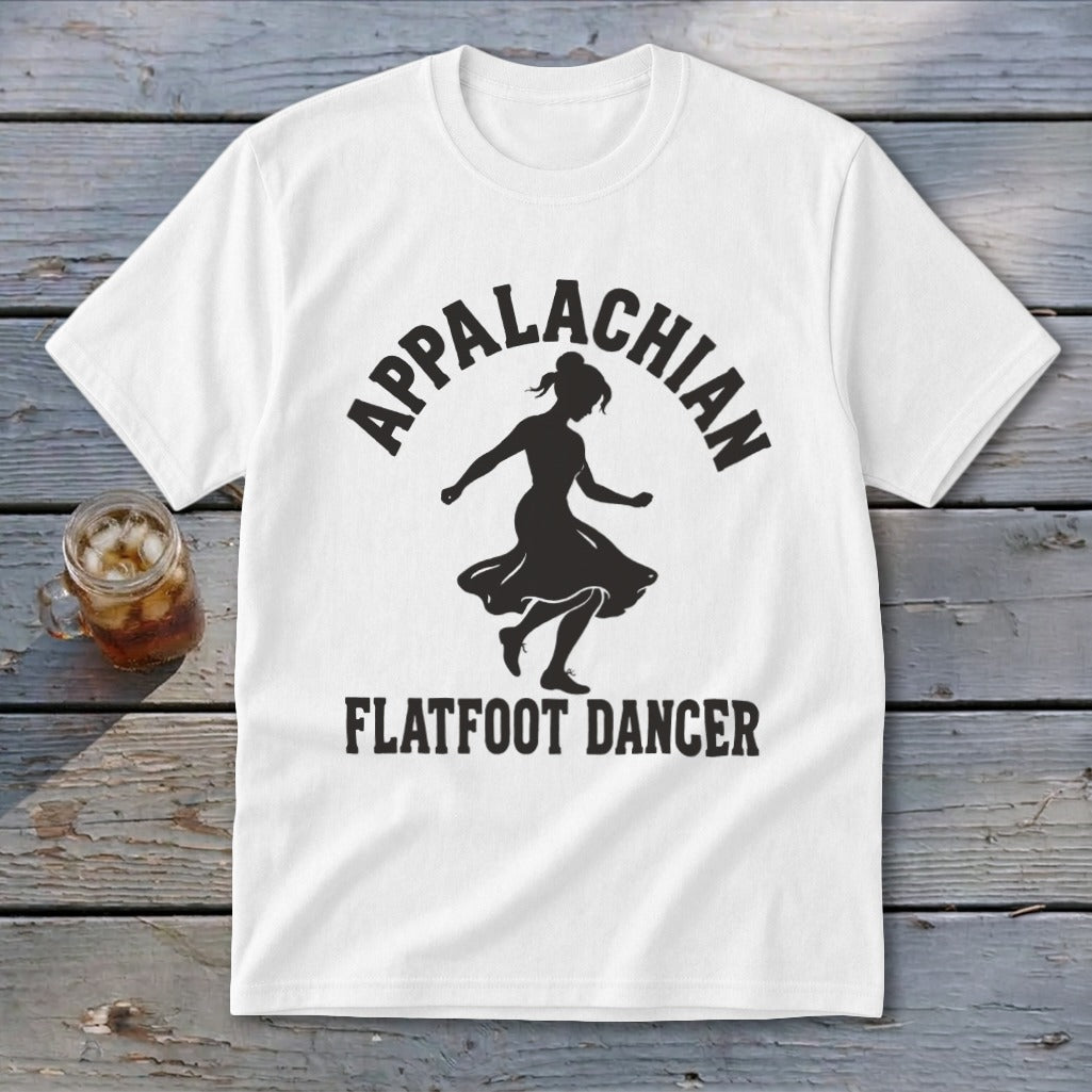A white t-shirt featuring a black silhouette of a dancer and the text Appalachian Flatfoot Dancer.