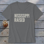 Grey V-neck t-shirt with "MISSISSIPPI RAISED" text and a glass of iced tea.