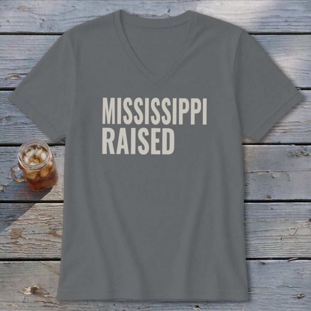 Grey V-neck t-shirt with "MISSISSIPPI RAISED" text and a glass of iced tea.