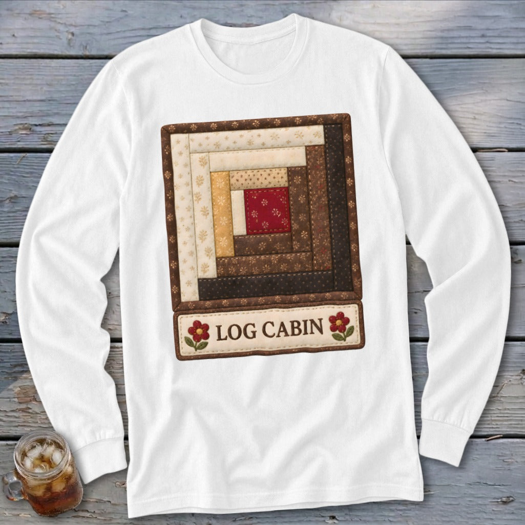 White long-sleeve shirt with a log cabin quilt design and "LOG CABIN" text.