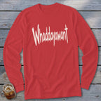 Red long-sleeved shirt with "Whaddayawant" in white brushstroke font.