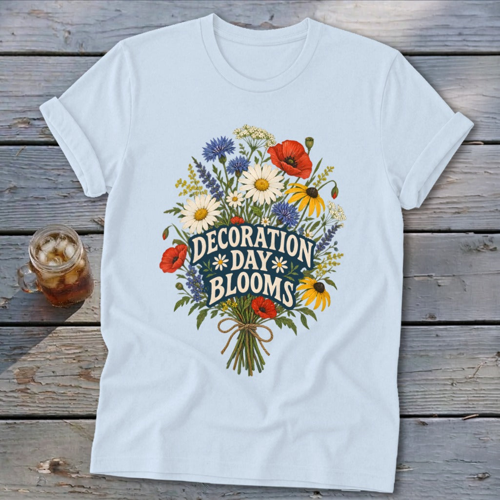 Light blue t-shirt with "Decoration Day Blooms" text over a floral bouquet.