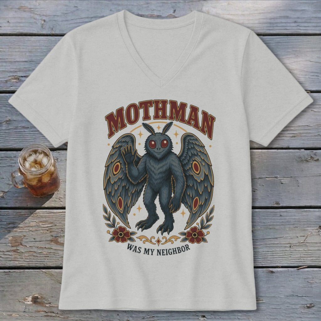 Mothman graphic t-shirt with "MOTHMAN WAS MY NEIGHBOR" text.