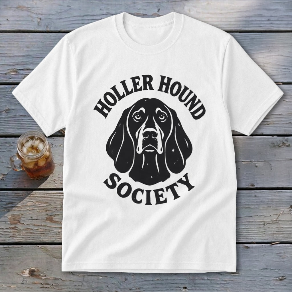 White t-shirt with black "Holler Hound Society" text and dog graphic.