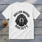 White t-shirt with black "Holler Hound Society" text and dog graphic.