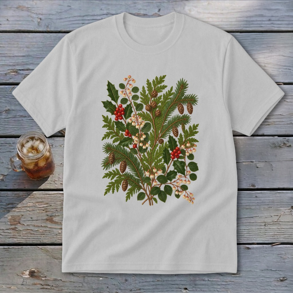 White t-shirt with festive green holly, pine, berries, and pinecones design.