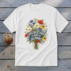 White t-shirt with "Decoration Day Blooms" text and a floral bouquet design.