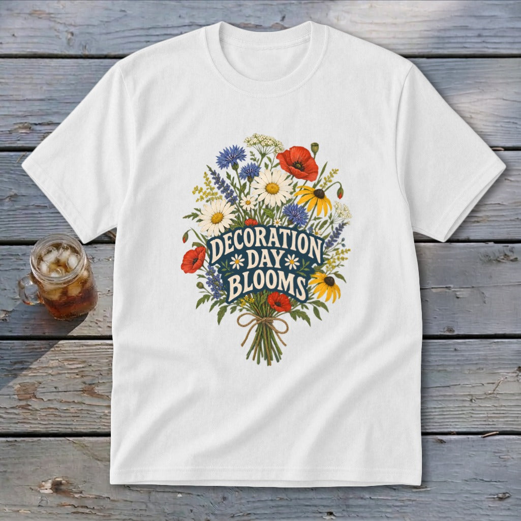 White t-shirt with "Decoration Day Blooms" text and a floral bouquet design.