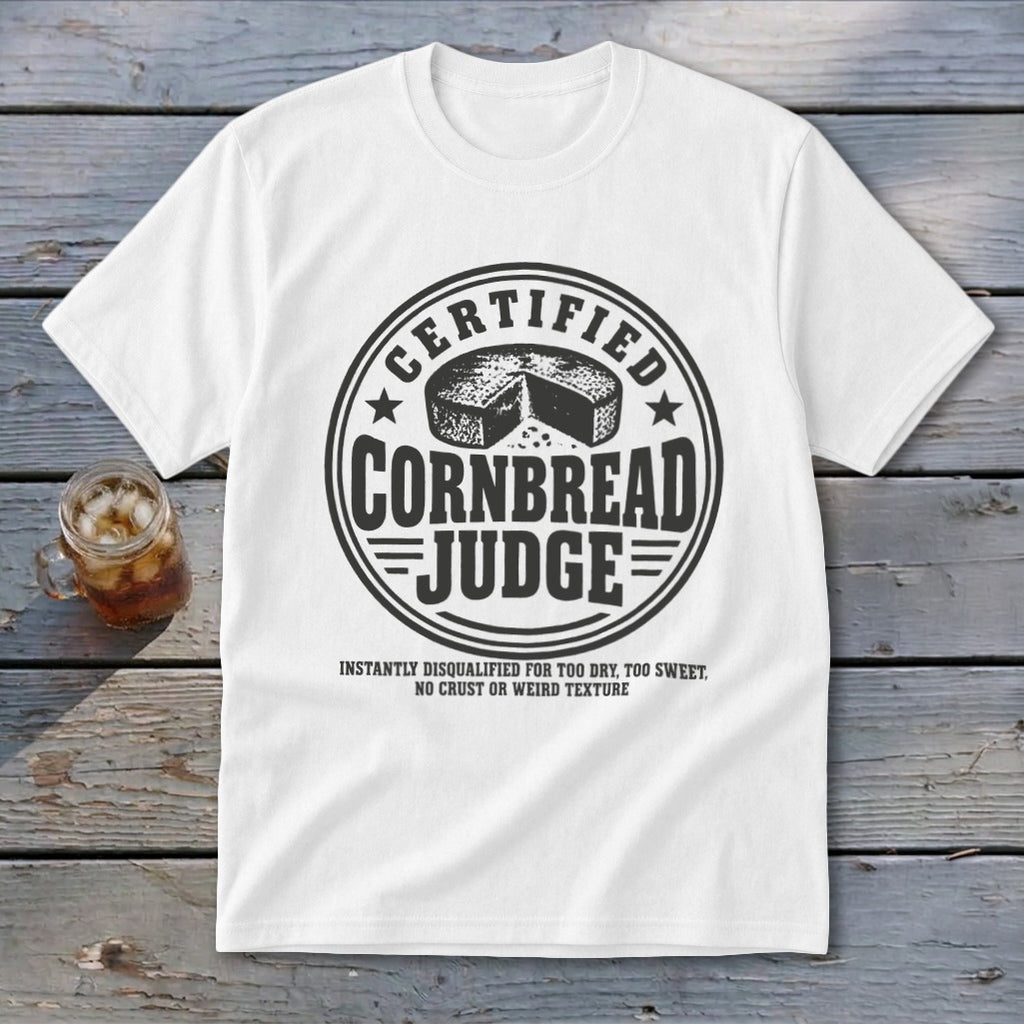 A white t-shirt featuring a circular graphic with text reading Certified Cornbread Judge and a cornbread illustration.