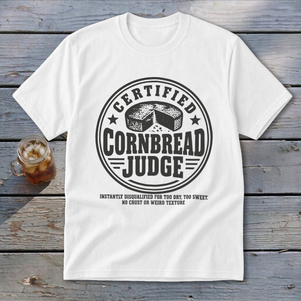 A white t-shirt featuring a circular graphic with text reading Certified Cornbread Judge and a cornbread illustration.