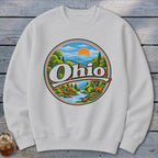 White sweatshirt with circular graphic featuring the word "Ohio" and a deer by a river.
