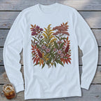 White long-sleeve shirt with a colorful fall floral botanical print on the chest.