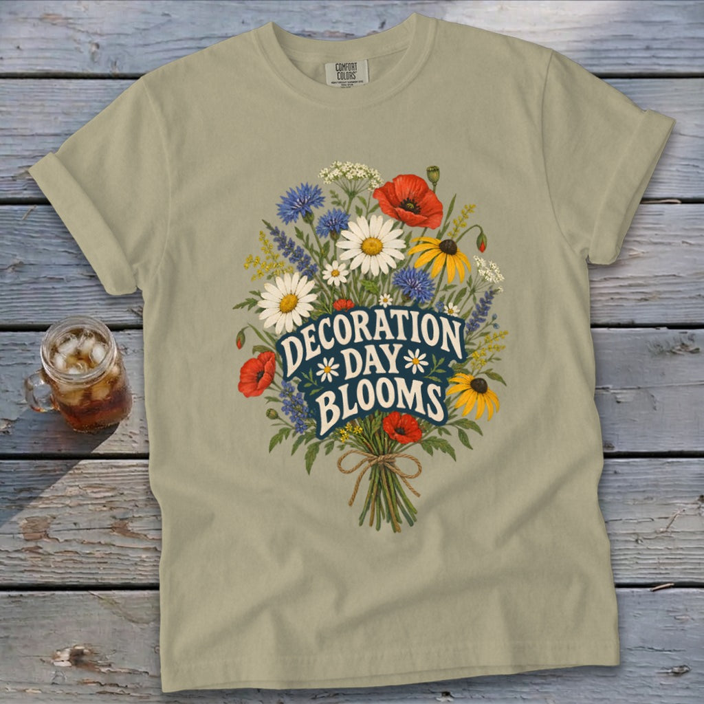 Tan t-shirt with "Decoration Day Blooms" floral graphic and text.