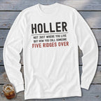 White long-sleeve shirt with "HOLLER" and "FIVE RIDGES OVER" text.