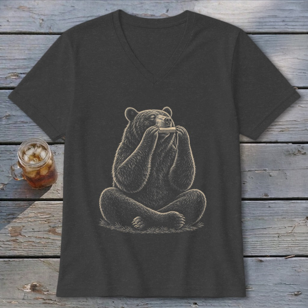 Dark grey t-shirt with a graphic of a bear playing a harmonica.