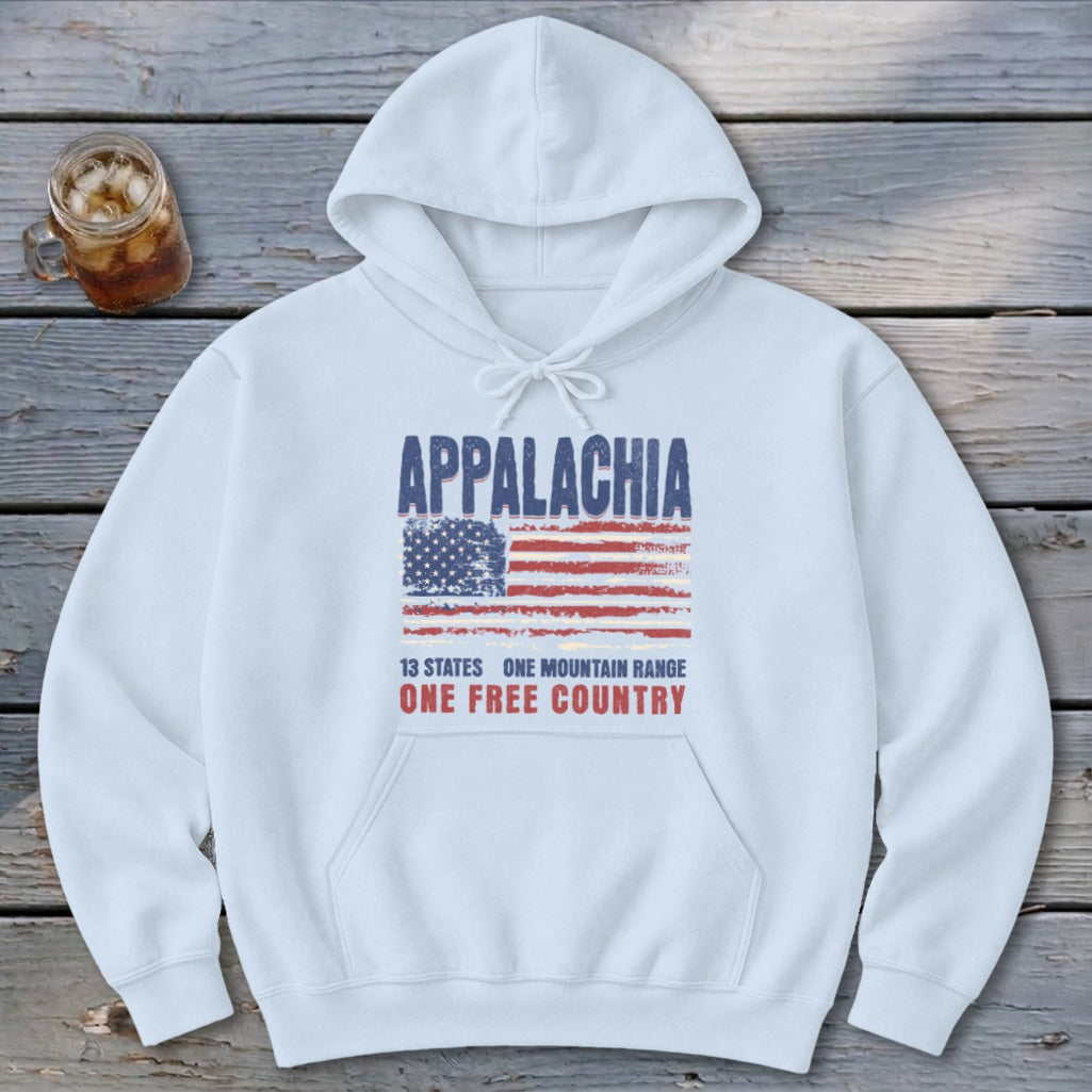 White hoodie with a distressed American flag and text reading Appalachia, 13 States, One Free Country.