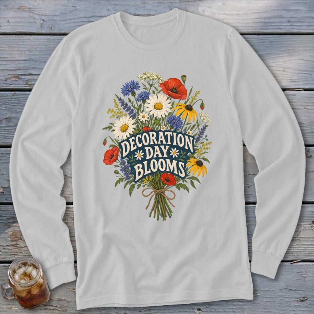 Light grey long sleeve shirt with "Decoration Day Blooms" floral bouquet graphic.